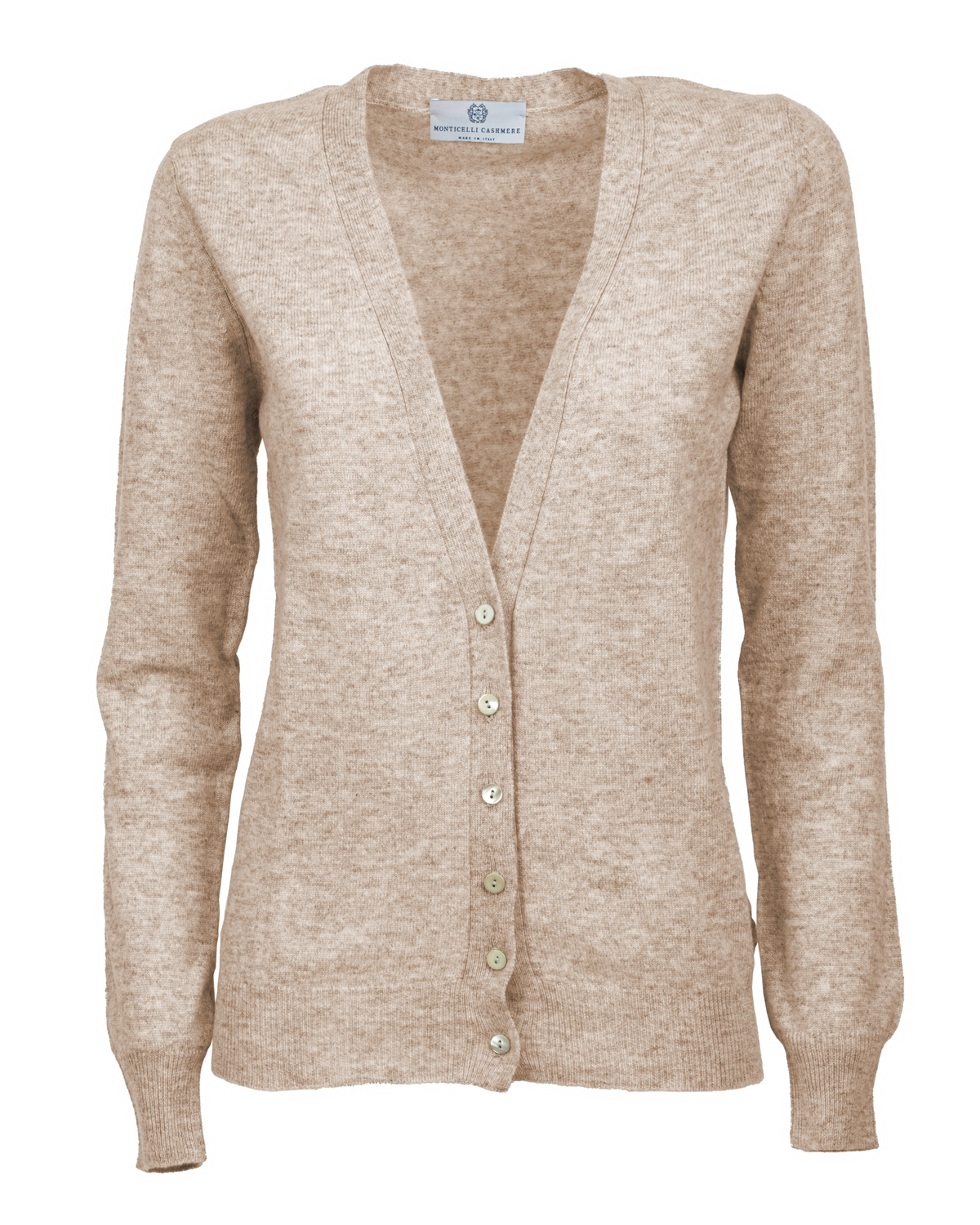 Women's cashmere V-neck cardigan in Beige, front product view