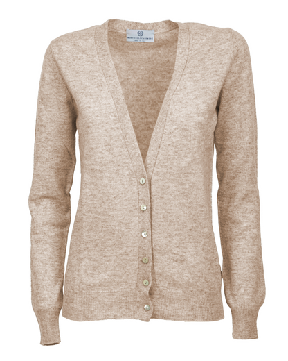 Women's cashmere V-neck cardigan in Beige, front product view