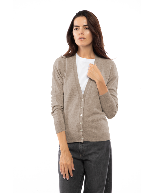 Women's cashmere V-neck cardigan in Taupe, front view on a model