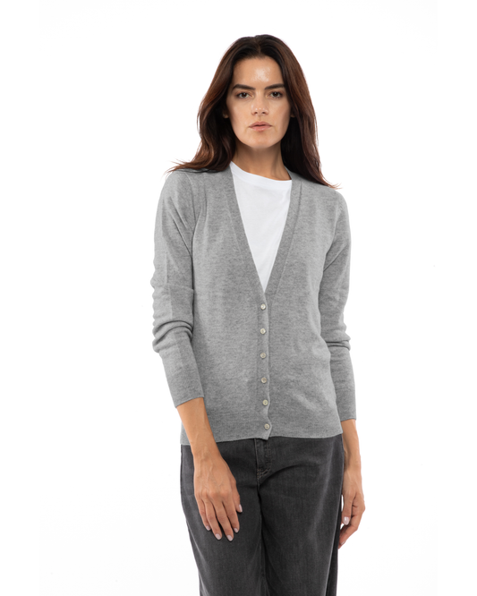 Women's cashmere V-neck cardigan in Medium Gray, front view on a model