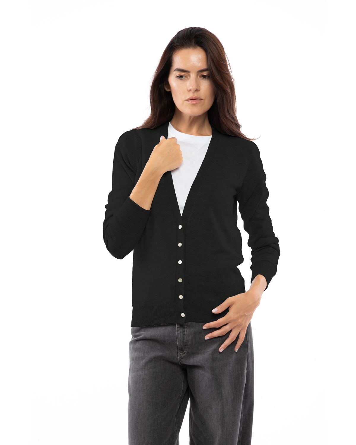 Women's cashmere V-neck cardigan in Black, front view on a model