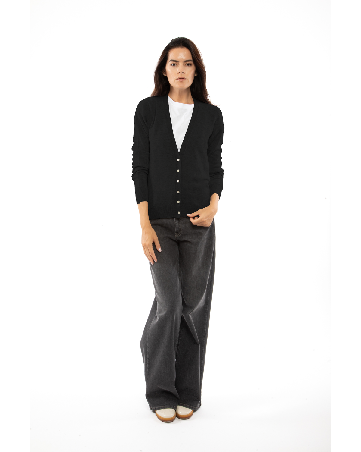 Women's cashmere V-neck cardigan in Black, full-length view on a model