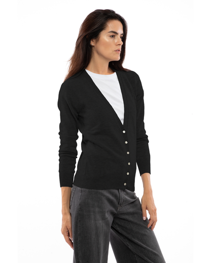 Women's cashmere V-neck cardigan in Black, side view on a model
