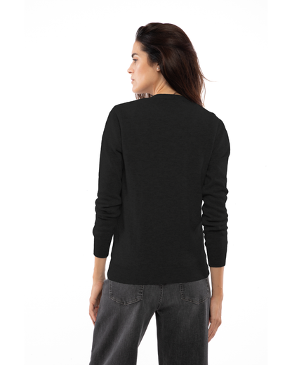 Women's cashmere V-neck cardigan in Black, back view on a model