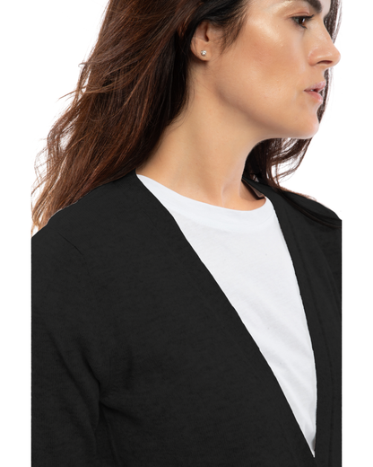 Women's cashmere V-neck cardigan in Black, close-up of the neckline and knit texture