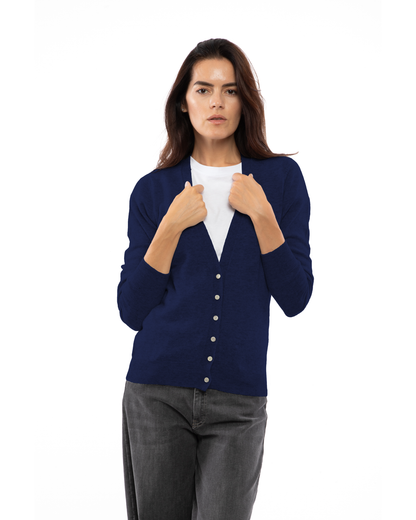 Women's cashmere V-neck cardigan in Blue, front view on a model