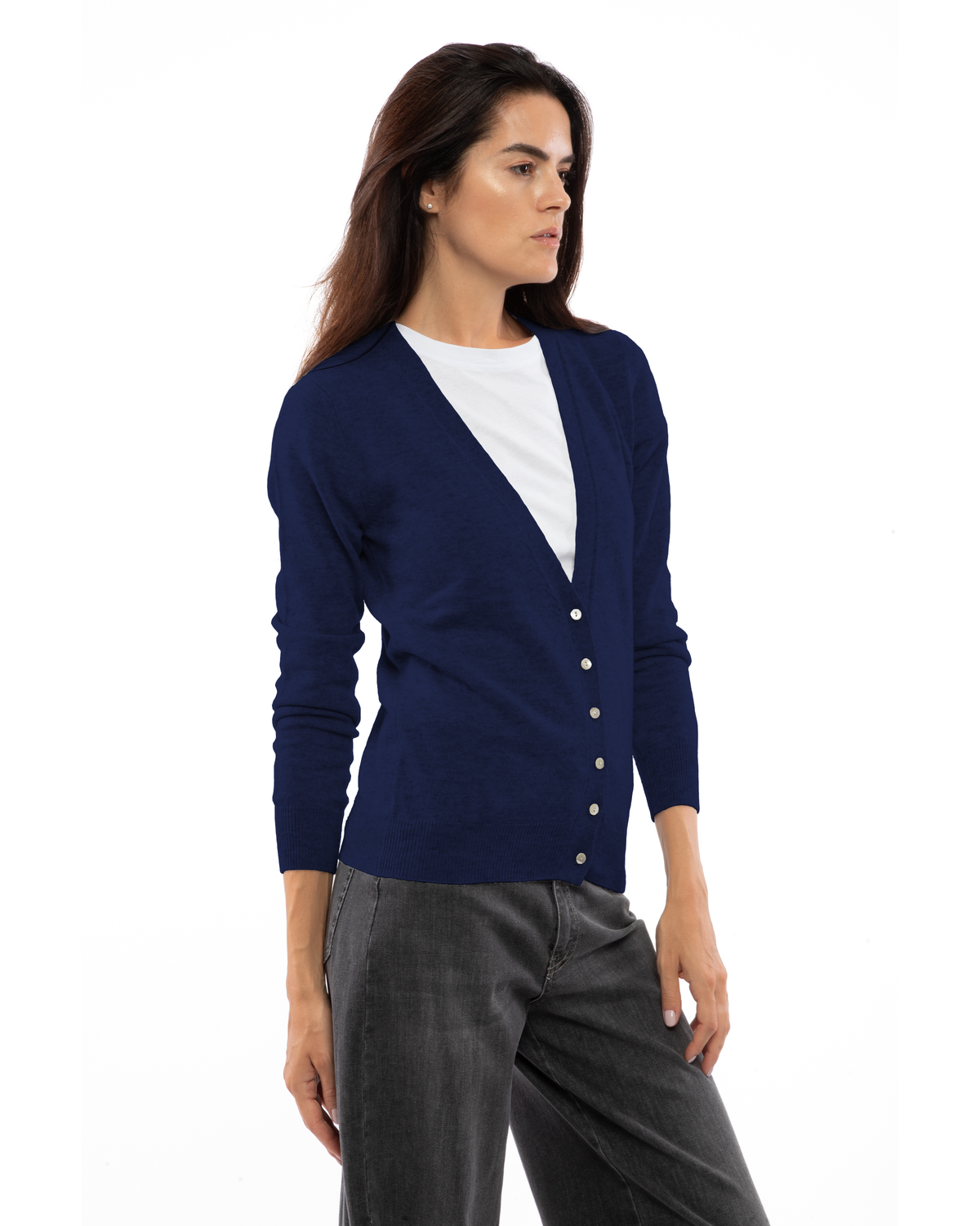 Women's cashmere V-neck cardigan in Blue, side view on a model