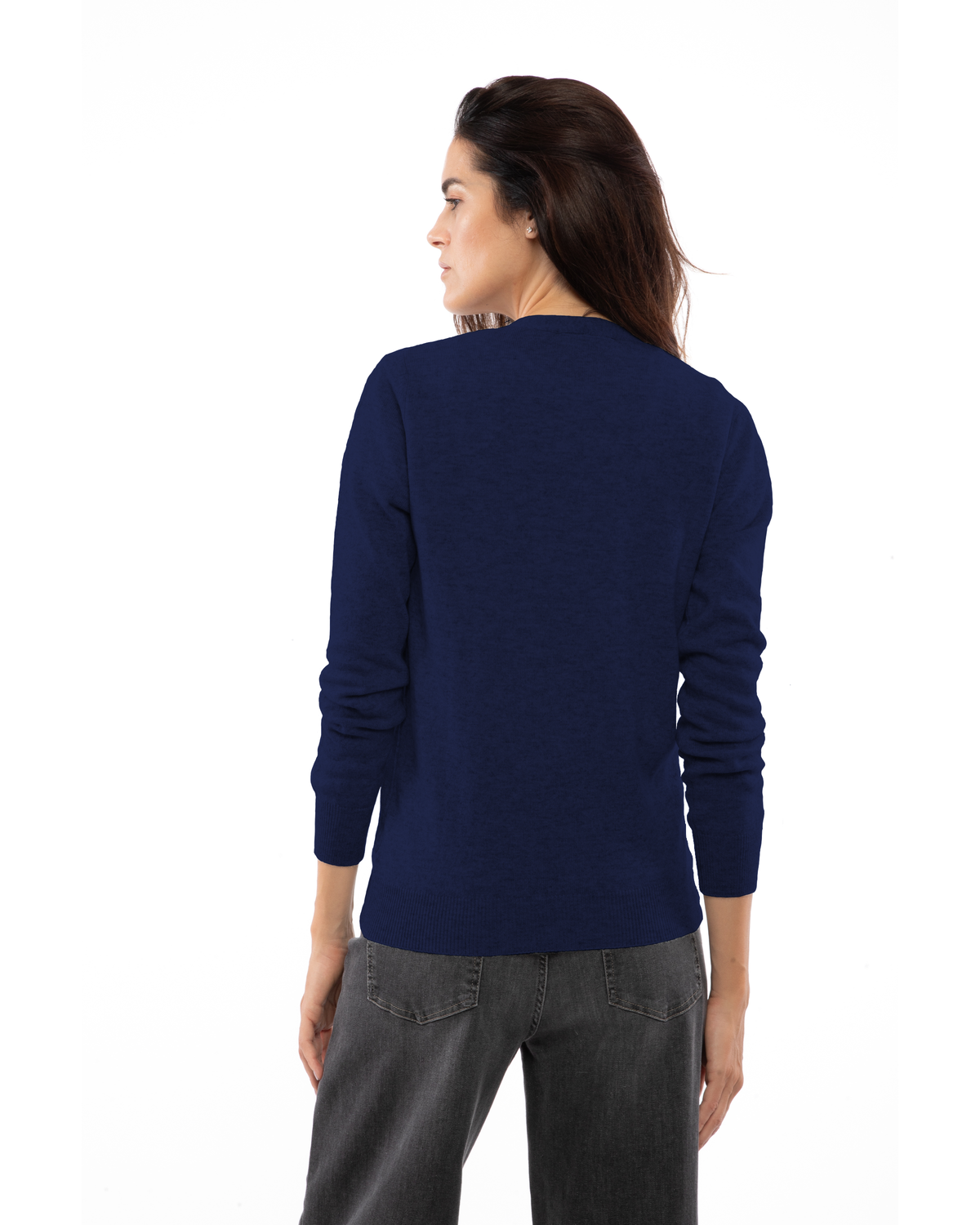 Women's cashmere V-neck cardigan in Blue, back view on a model