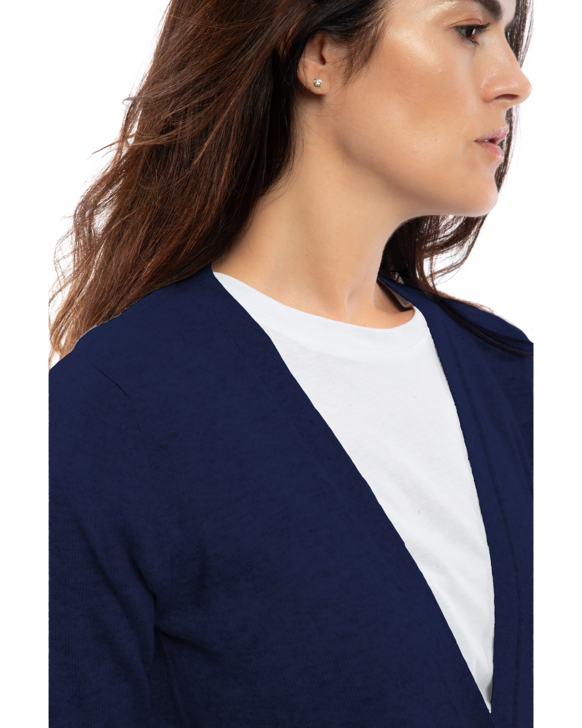 Women's cashmere V-neck cardigan in Blue, close-up of the neckline and knit texture