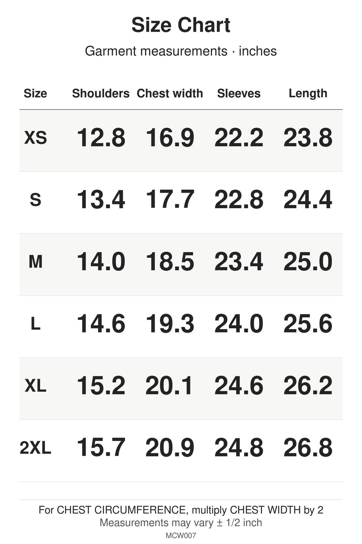 MCW007 size chart: garment measurements for XS, S, M, L, XL, 2XL, in inches.