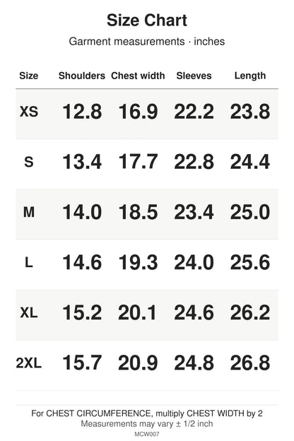 MCW007 size chart: garment measurements for XS, S, M, L, XL, 2XL, in inches.