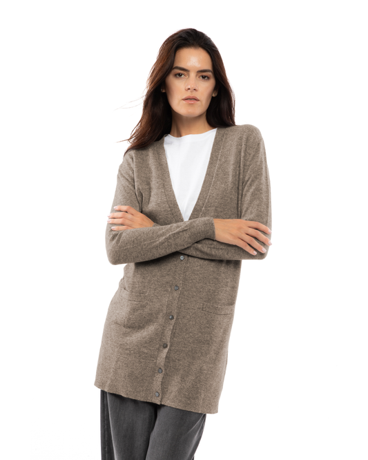 Taupe long cashmere cardigan, on a model, front view showing the long button-front silhouette