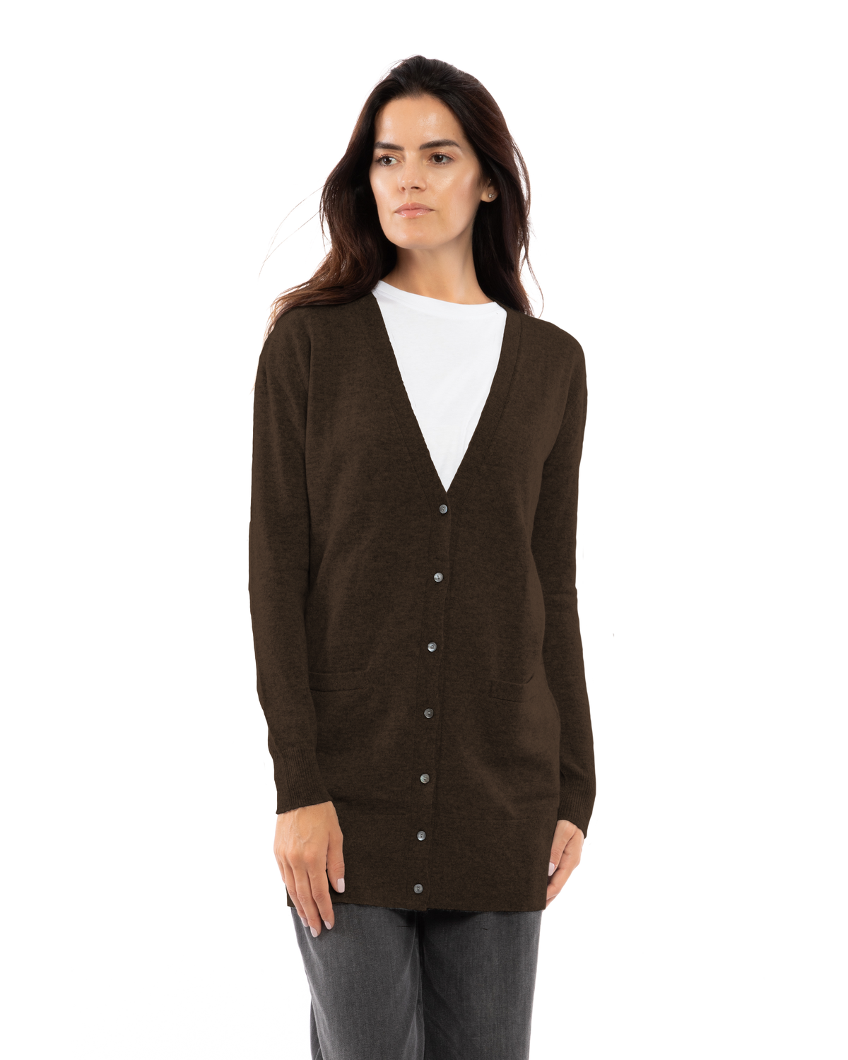 Coffee long cashmere cardigan, on a model, front view showing the long button-front silhouette