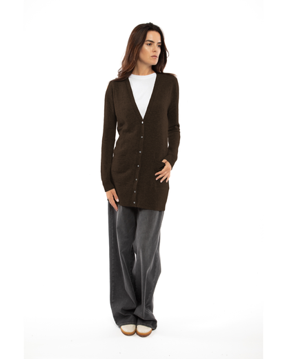 Coffee long cashmere cardigan, on a model in a full-length outfit view