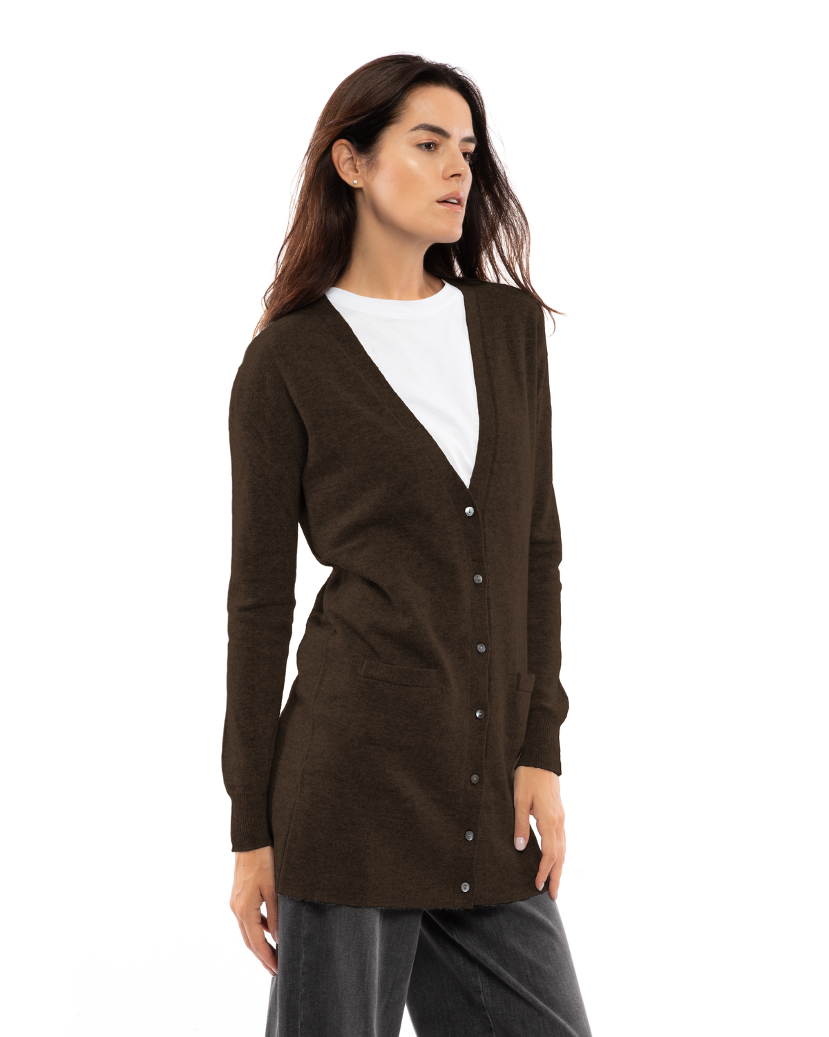 Coffee long cashmere cardigan, on a model, three-quarter front view showing the V-neck and pockets