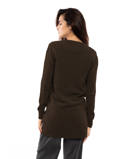 Coffee long cashmere cardigan, on a model, back view showing the long hem and sleeves