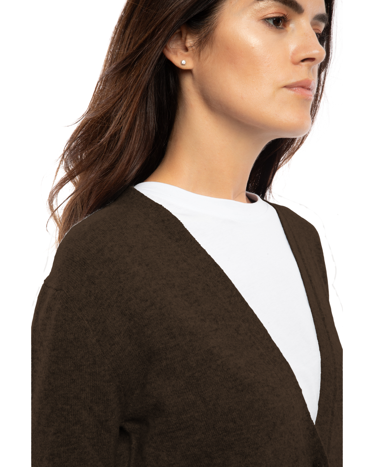 Coffee long cashmere cardigan, close-up of the V-neckline, shoulder and cashmere knit