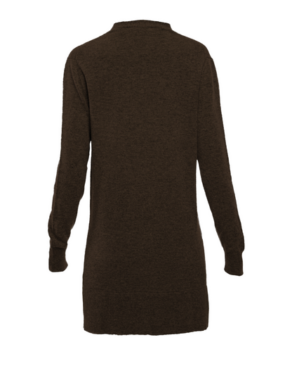 Coffee long cashmere cardigan, back garment view showing the long sleeves and hem