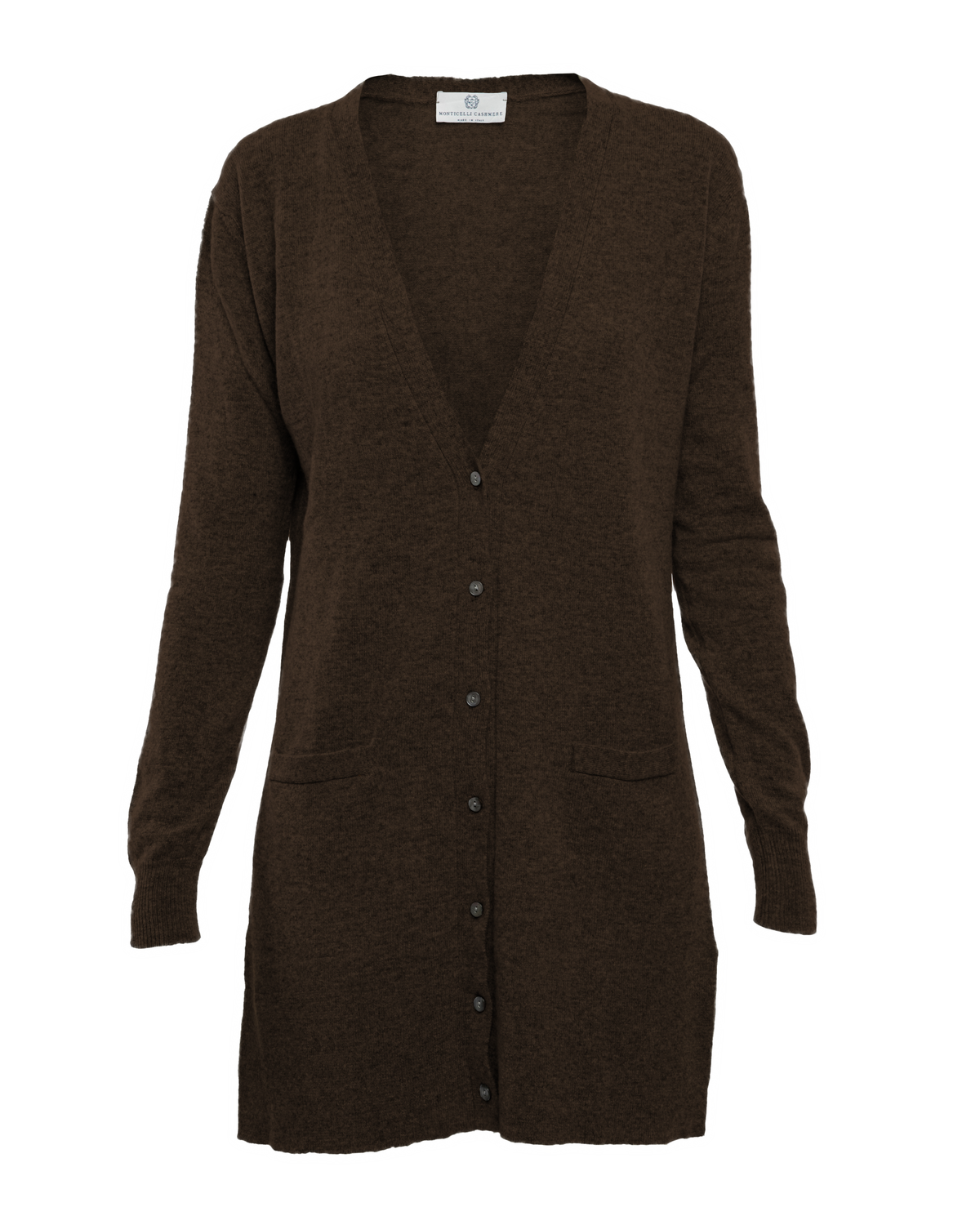 Coffee long cashmere cardigan, front garment view showing the V-neck, buttons and patch pockets