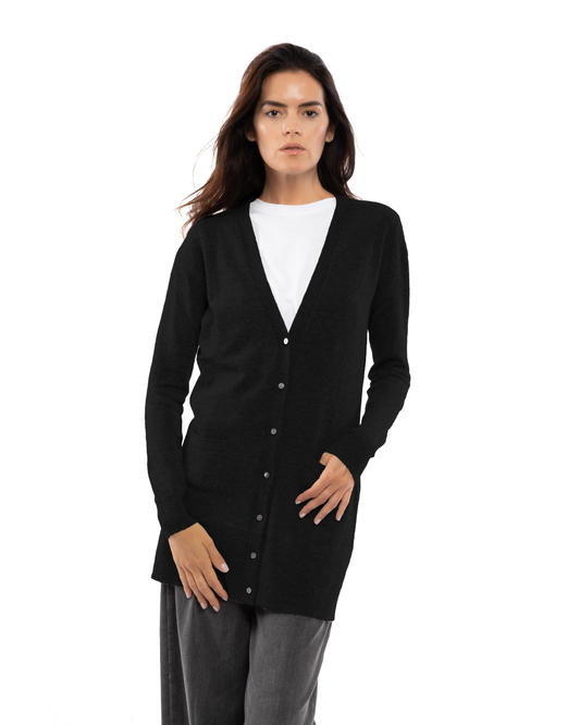 Black long cashmere cardigan, on a model, front view showing the long button-front silhouette