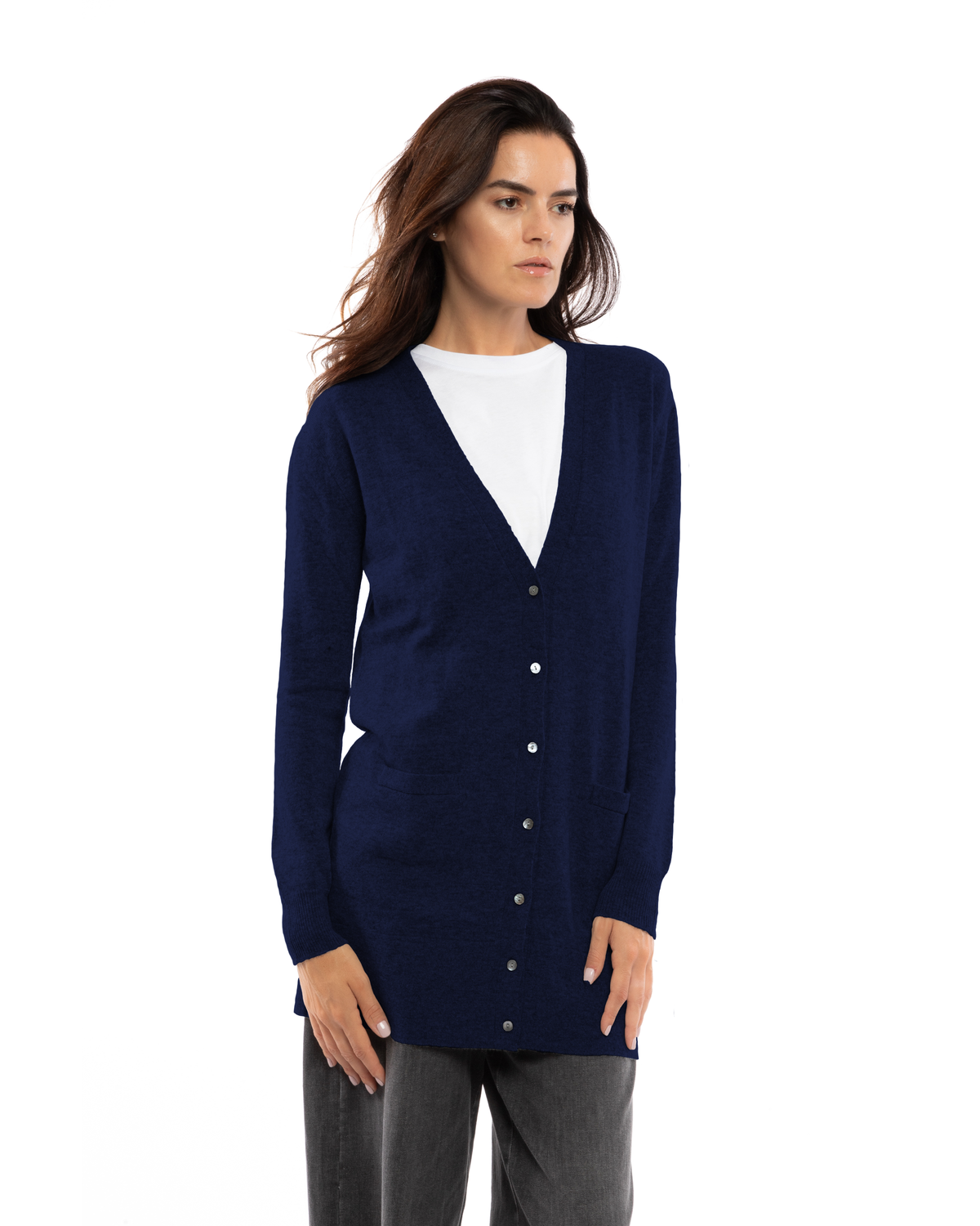 Blue long cashmere cardigan, on a model, front view showing the long button-front silhouette