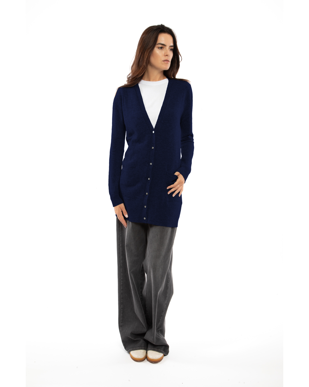 Blue long cashmere cardigan, on a model in a full-length outfit view