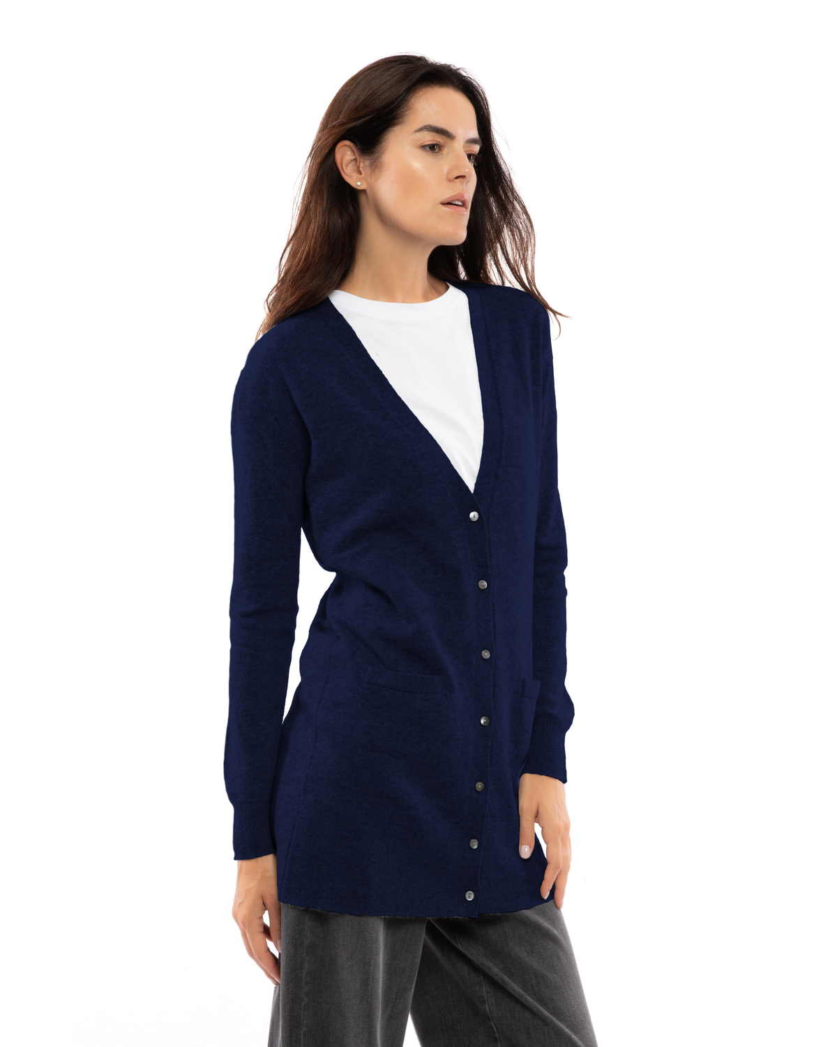 Blue long cashmere cardigan, on a model, three-quarter front view showing the V-neck and pockets