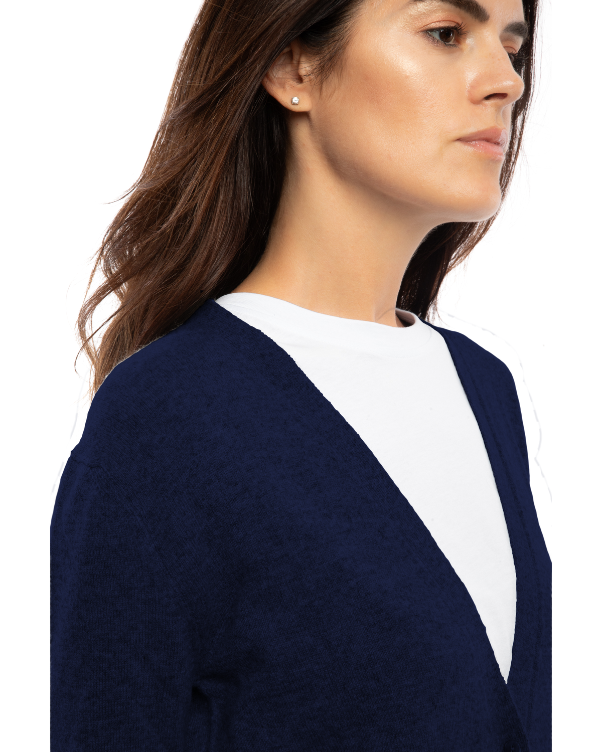 Blue long cashmere cardigan, close-up of the V-neckline, shoulder and cashmere knit