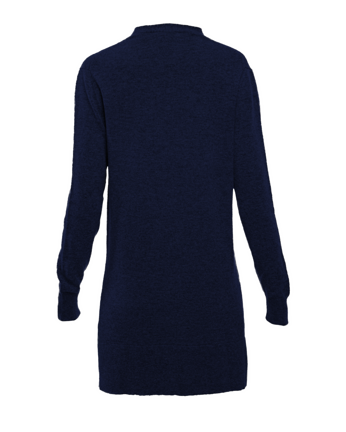 Blue long cashmere cardigan, back garment view showing the long sleeves and hem