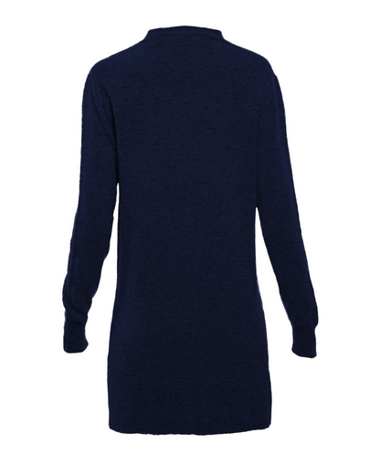 Blue long cashmere cardigan, back garment view showing the long sleeves and hem