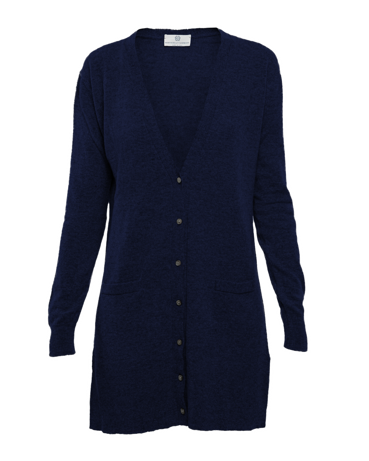 Blue long cashmere cardigan, front garment view showing the V-neck, buttons and patch pockets