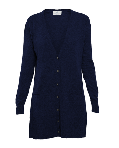 Blue long cashmere cardigan, front garment view showing the V-neck, buttons and patch pockets