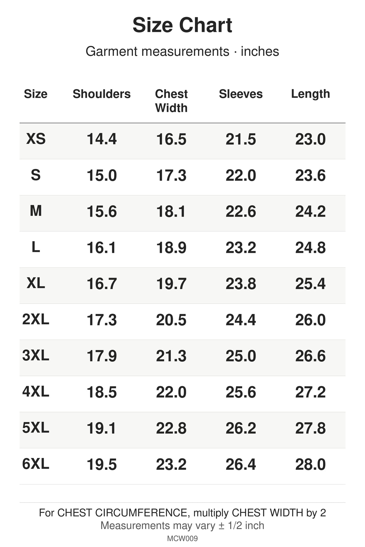 MCW009 size chart: garment measurements for XS, S, M, L, XL, 2XL, 3XL, 4XL, 5XL, 6XL, in inches.