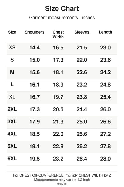 MCW009 size chart: garment measurements for XS, S, M, L, XL, 2XL, 3XL, 4XL, 5XL, 6XL, in inches.