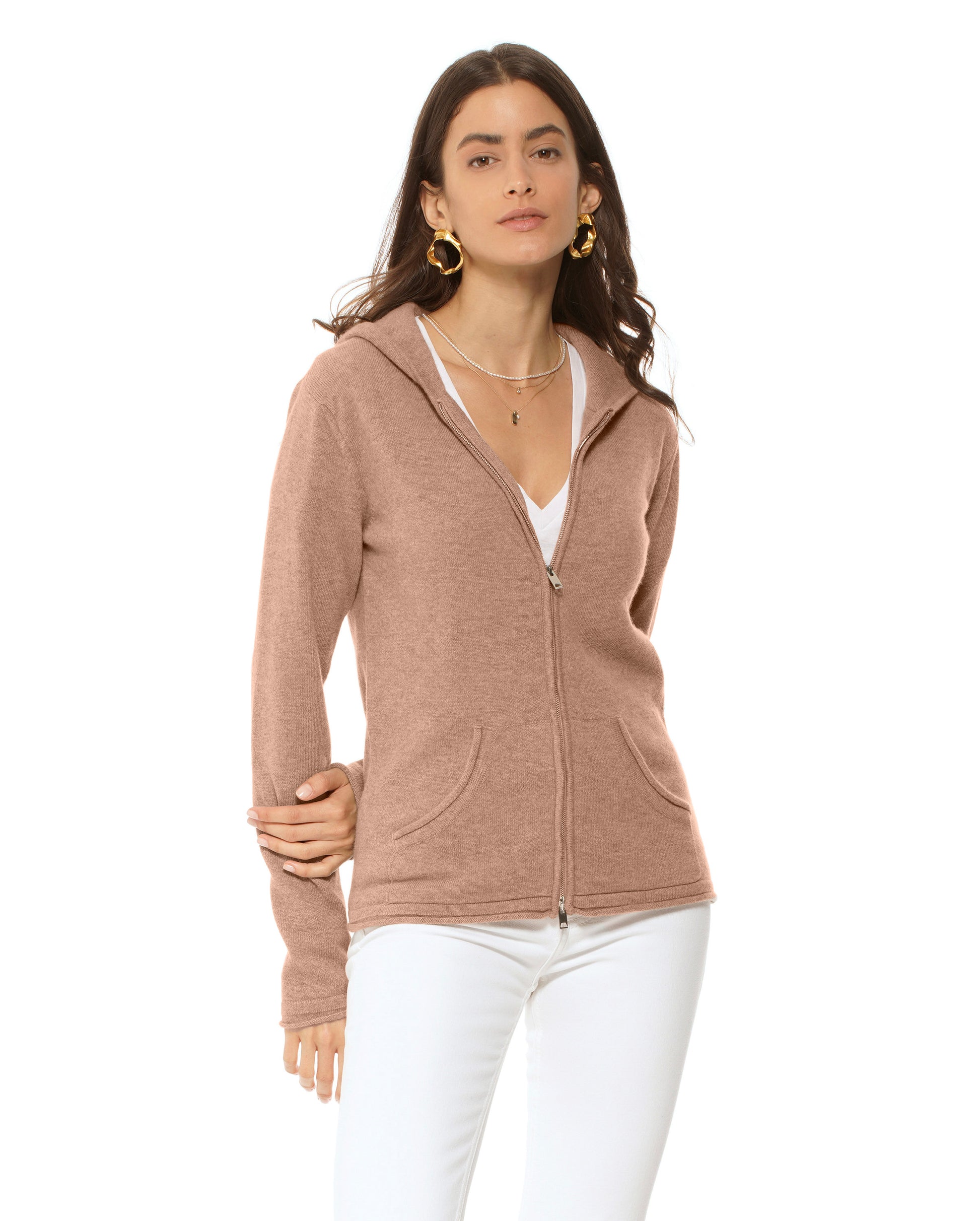Women's Pure Cashmere Hoodie Sweater Camel - Main Image