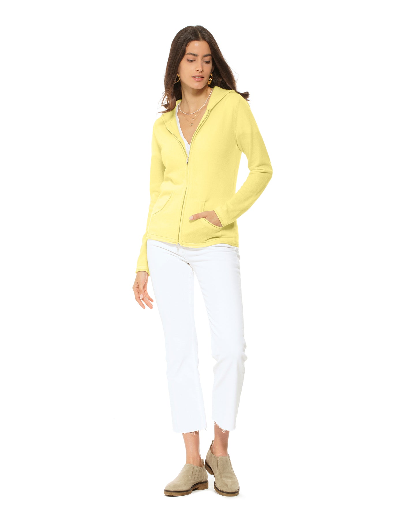 Women's Pure Cashmere Hoodie Sweater Lemon Yellow