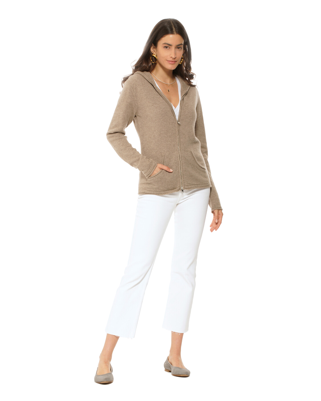 Monticelli Women's Pure Cashmere Hoodie Sweater Beige Made In Italy 5