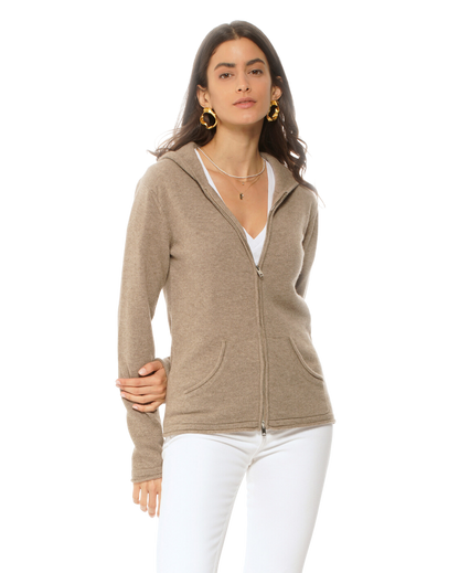 Monticelli Women's Pure Cashmere Hoodie Sweater Beige Made In Italy 2