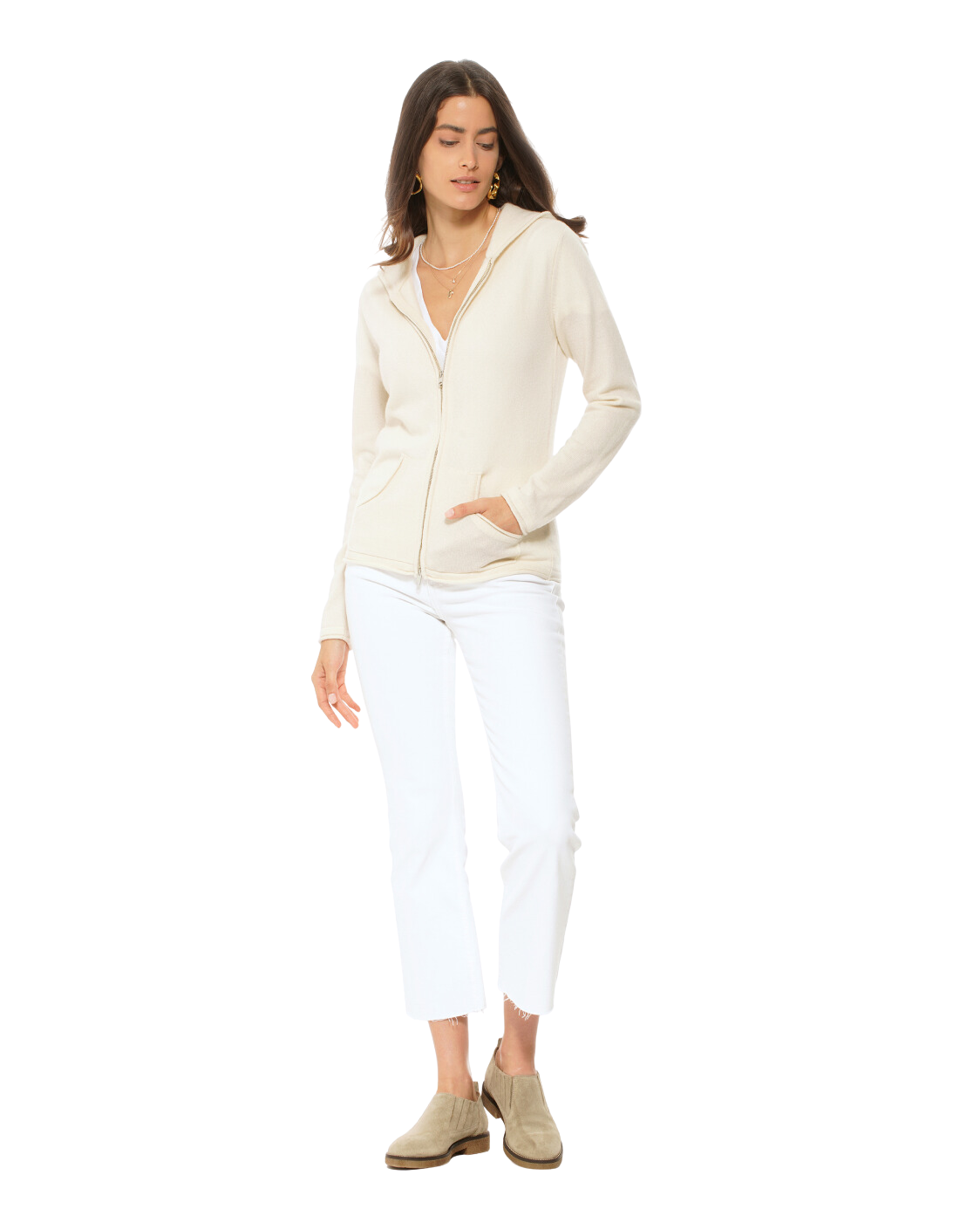 Monticelli Women's Pure Cashmere Hoodie Sweater Milk White made In Italy 5