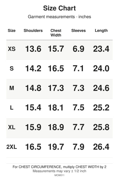 MCW011 size chart: garment measurements for XS, S, M, L, XL, 2XL, in inches.