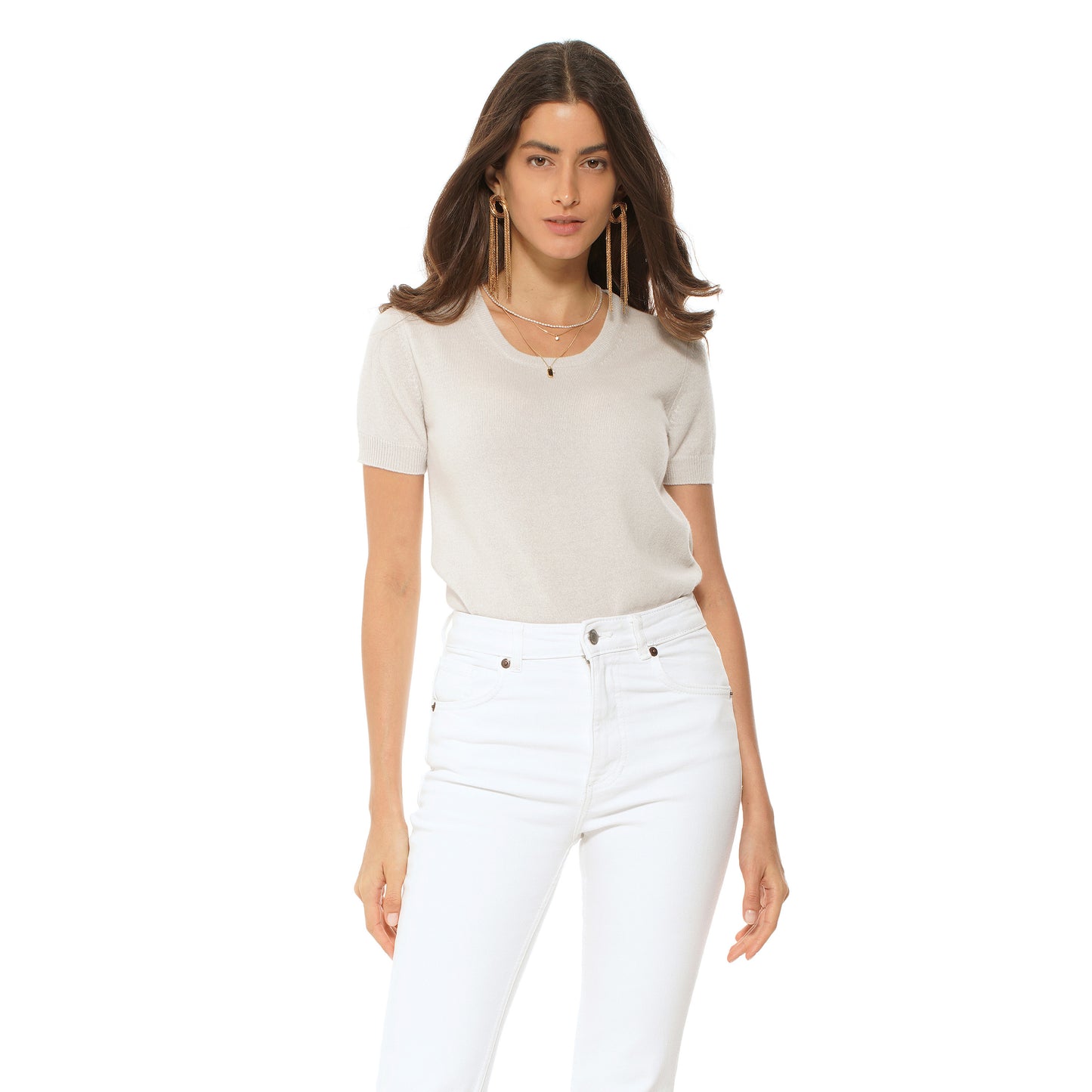 Women's Pure Cashmere Featherlight Knit Tee Milk White