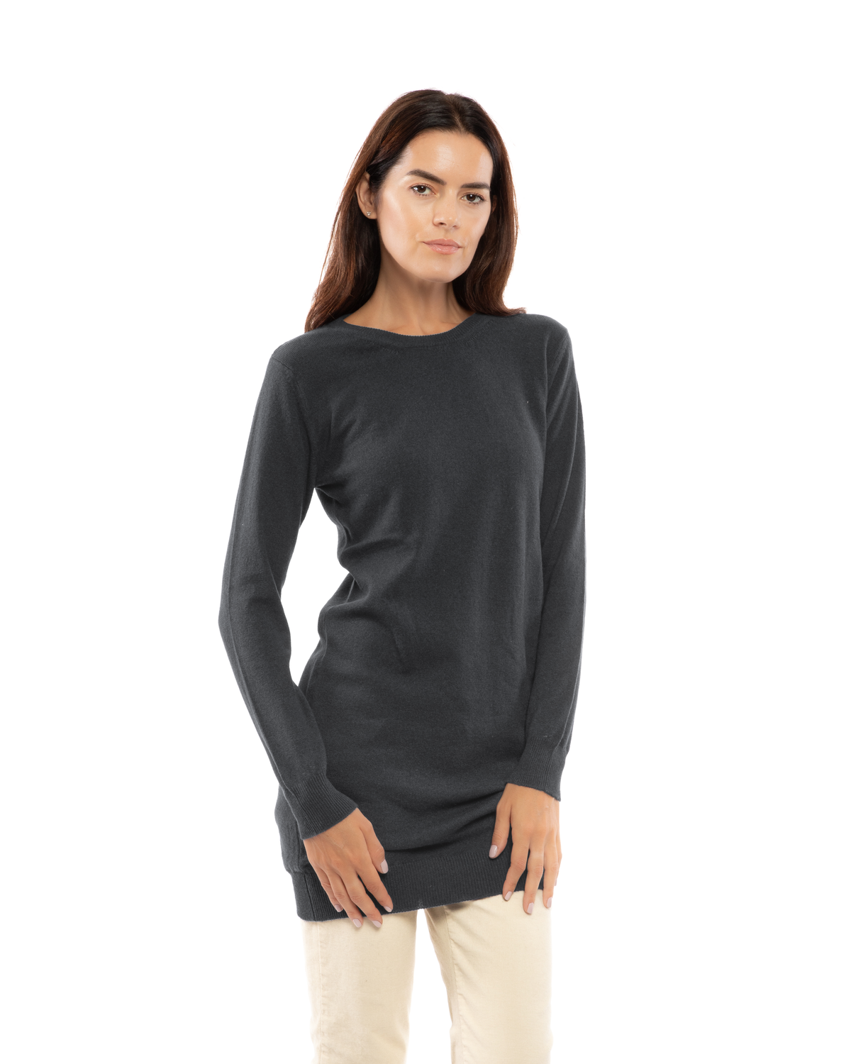 Charcoal cashmere crew neck dress, front view on a model