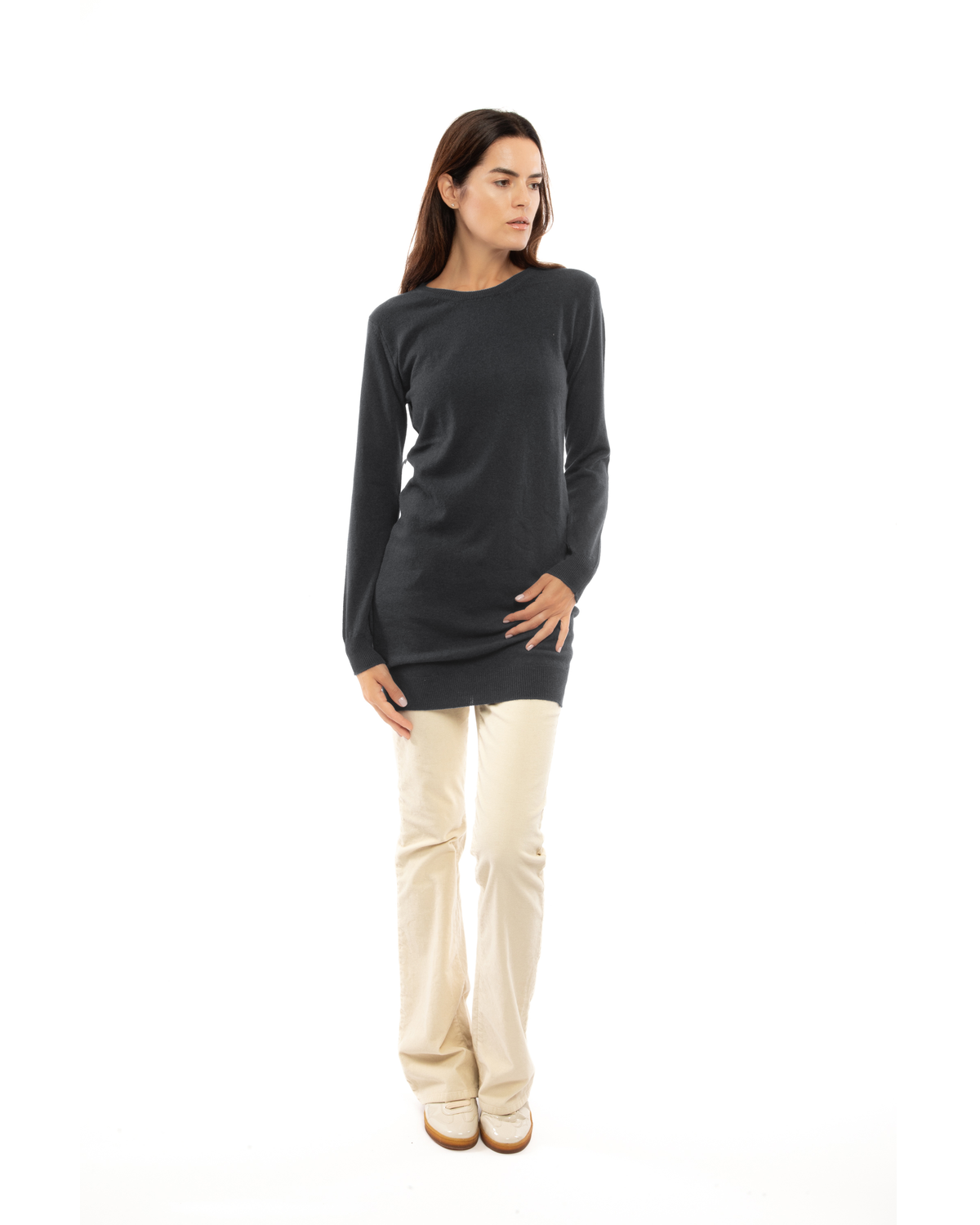 Charcoal cashmere crew neck dress, full-length front view worn over light trousers
