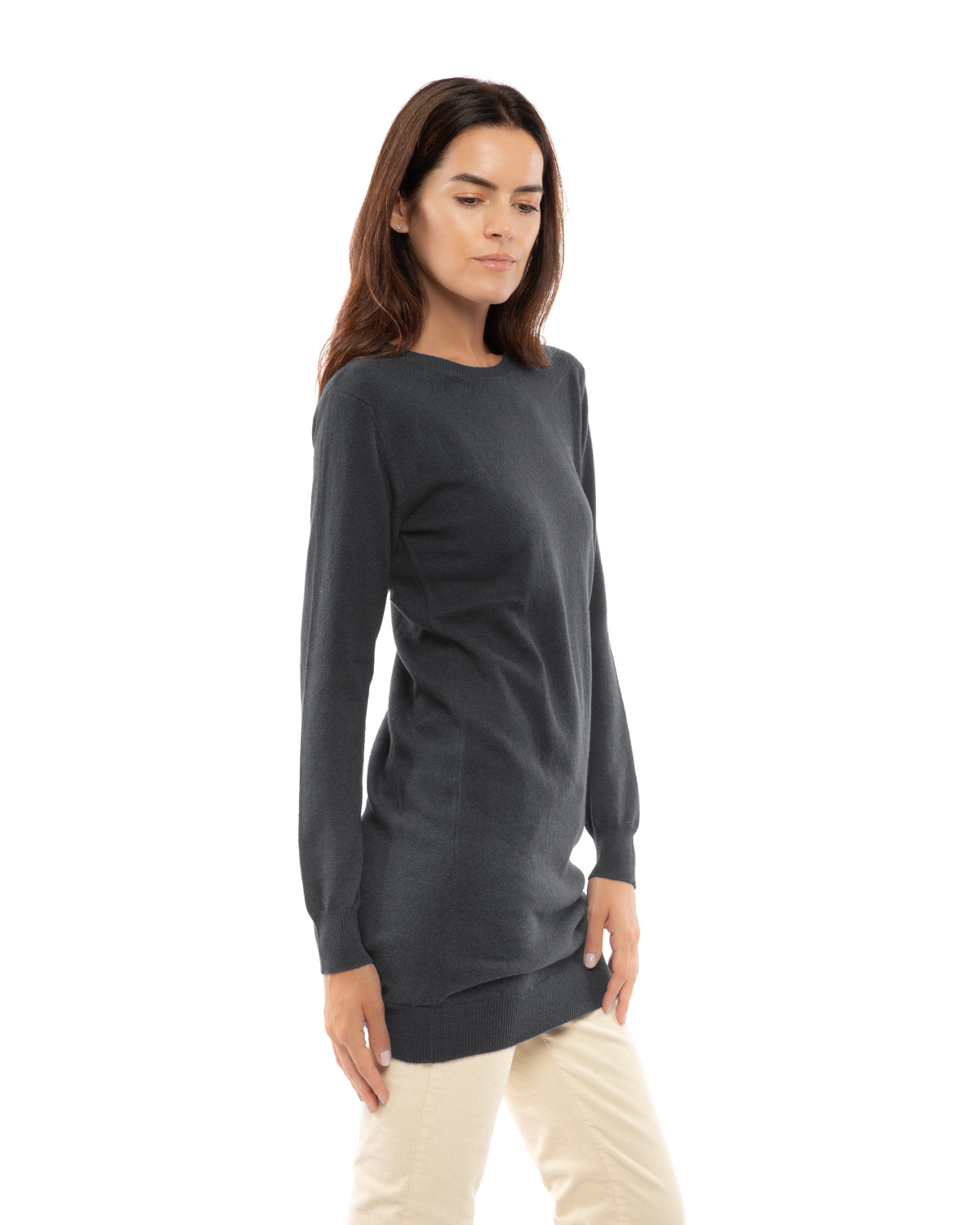 Charcoal cashmere crew neck dress, three-quarter front view on a model