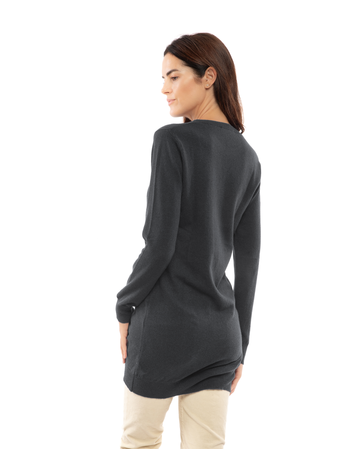 Charcoal cashmere crew neck dress, rear three-quarter view on a model