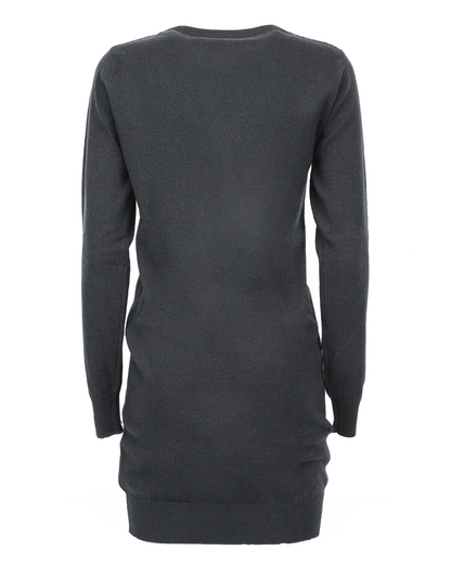 Charcoal cashmere crew neck dress, back view of the long-sleeve dress displayed alone