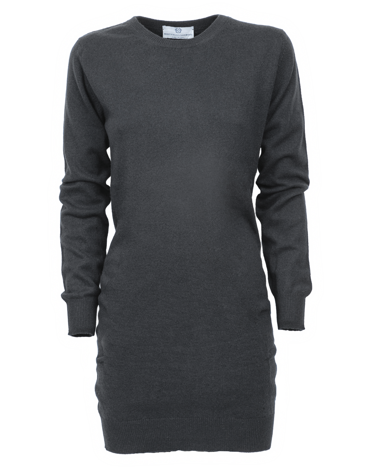 Charcoal cashmere crew neck dress, front view of the long-sleeve dress displayed alone