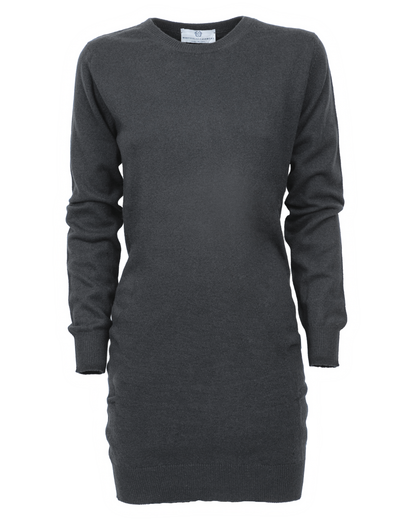 Charcoal cashmere crew neck dress, front view of the long-sleeve dress displayed alone
