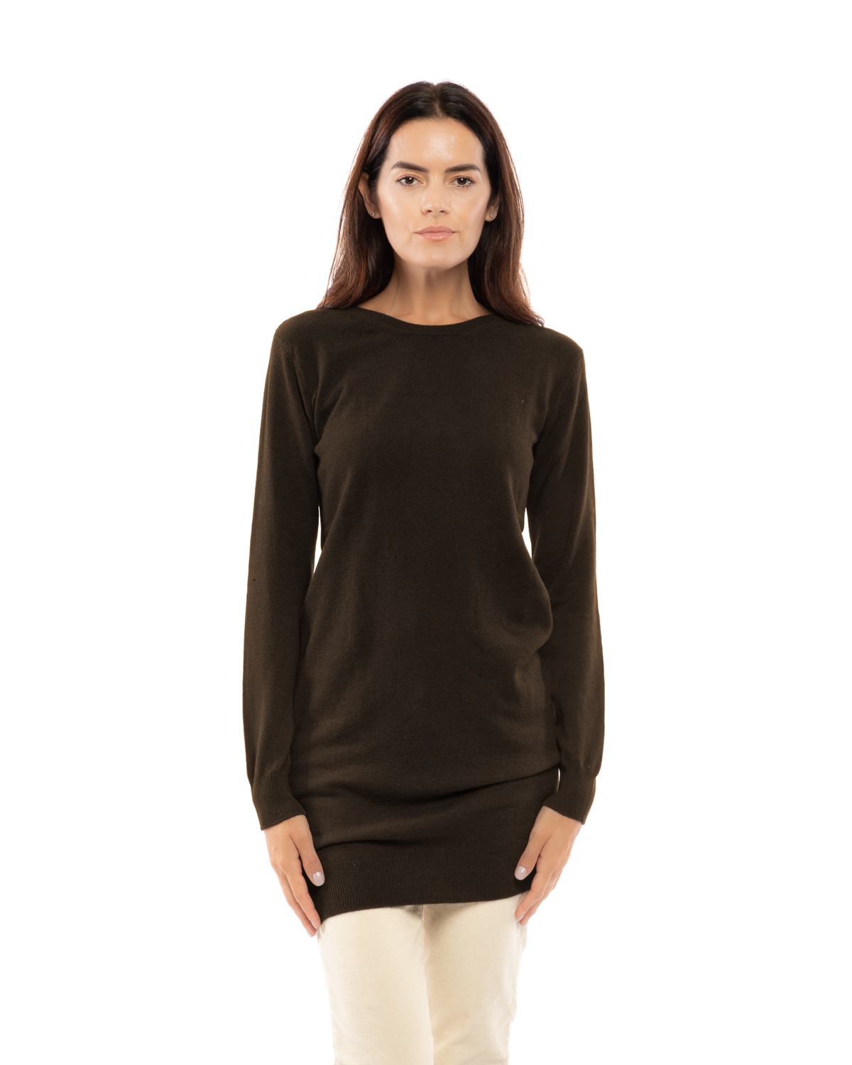 Coffee cashmere crew neck dress, front view on a model