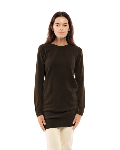 Coffee cashmere crew neck dress, front view on a model